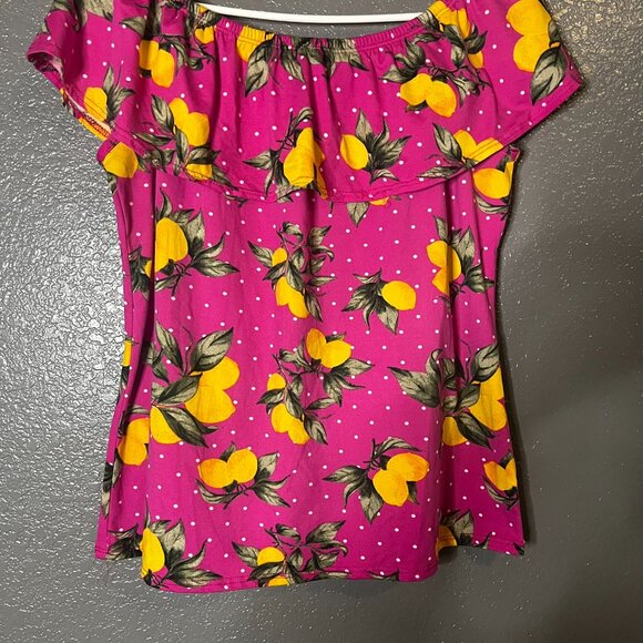 Women’s Lemon Print Off Shoulder Ruffle Peasant Top Pink Polka Dot XL - Picture 5 of 6